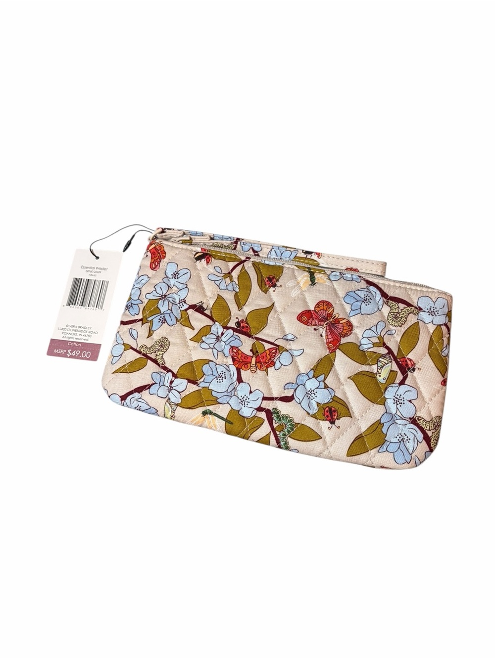 NWT Vera Bradley Beige & Blue Floral Butterfly Quilted Wristlet